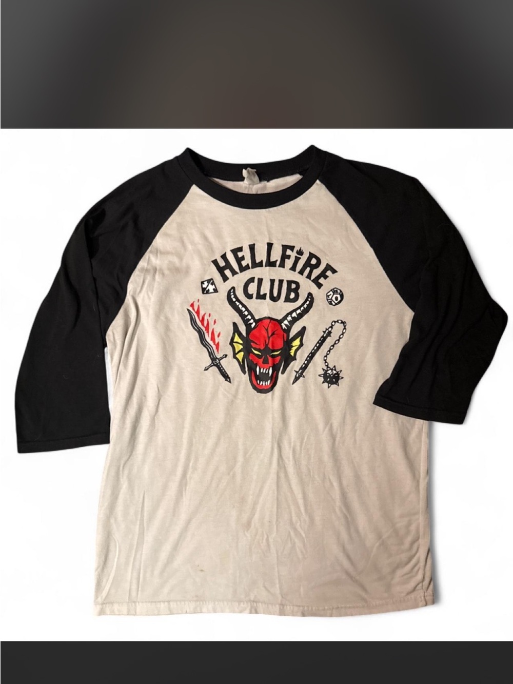 Source Unknown Hellfire Club Raglan Tee - Black & Cream with Red Graphic